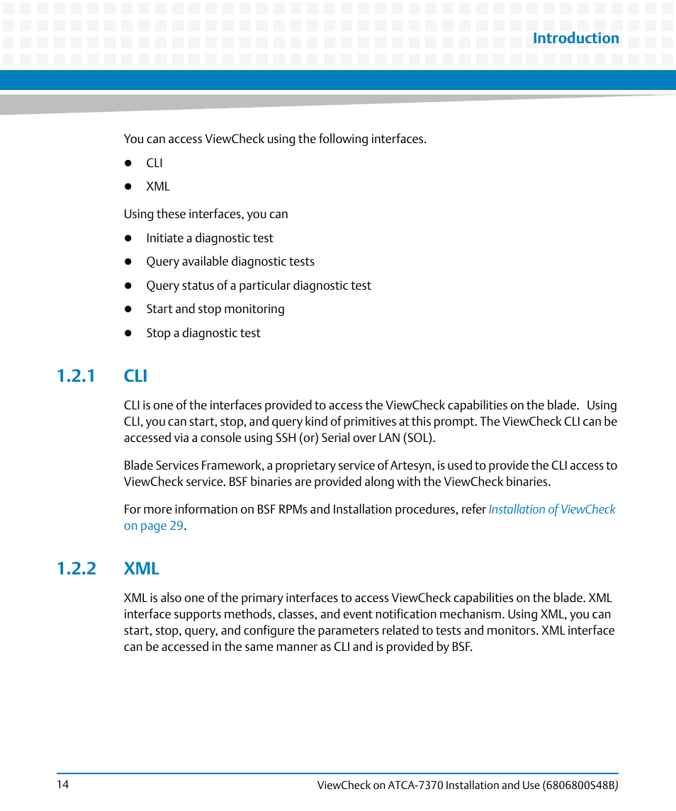 1 cli, 2 xml, 1 cli 1.2.2 xml | Introduction | Artesyn ViewCheck on ATCA-7370 Installation and Use (April 2014) User Manual | Page 14 / 86