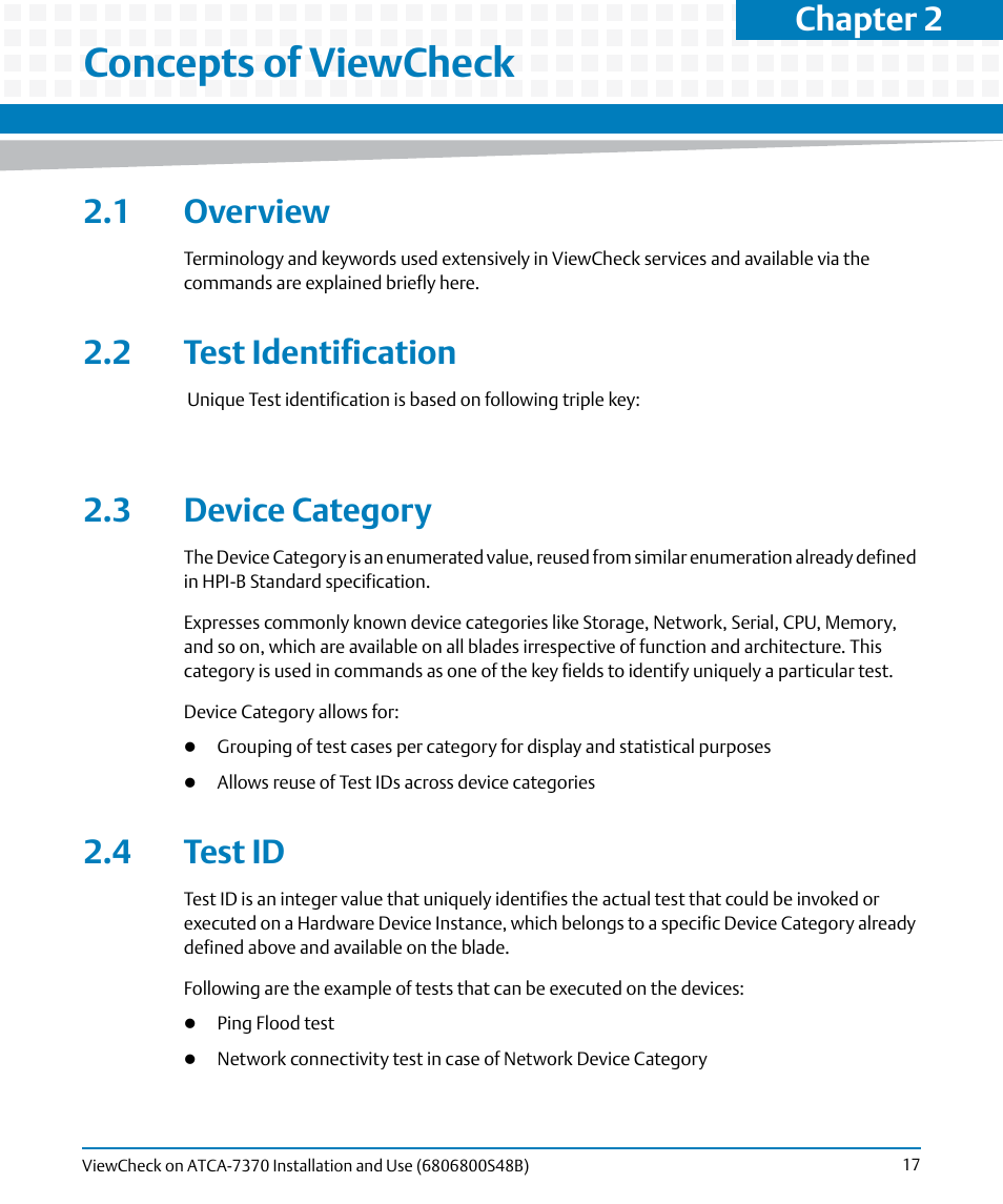 Concepts of viewcheck, 1 overview, 2 test identification | 3 device category, 4 test id, Chapter 2 | Artesyn ViewCheck on ATCA-7370 Installation and Use (April 2014) User Manual | Page 17 / 86