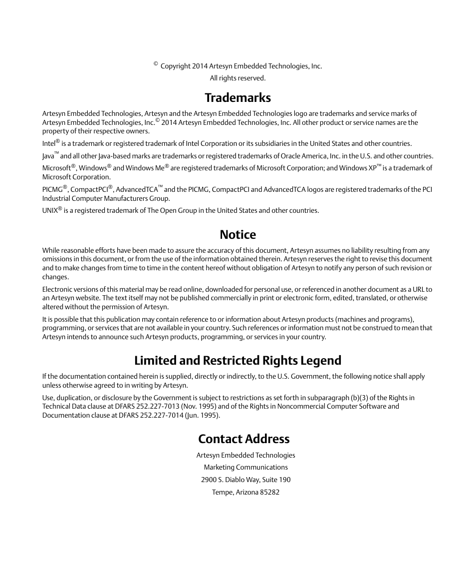 Trademarks, Notice, Limited and restricted rights legend | Contact address | Artesyn ViewCheck on ATCA-7370 Installation and Use (April 2014) User Manual | Page 2 / 86