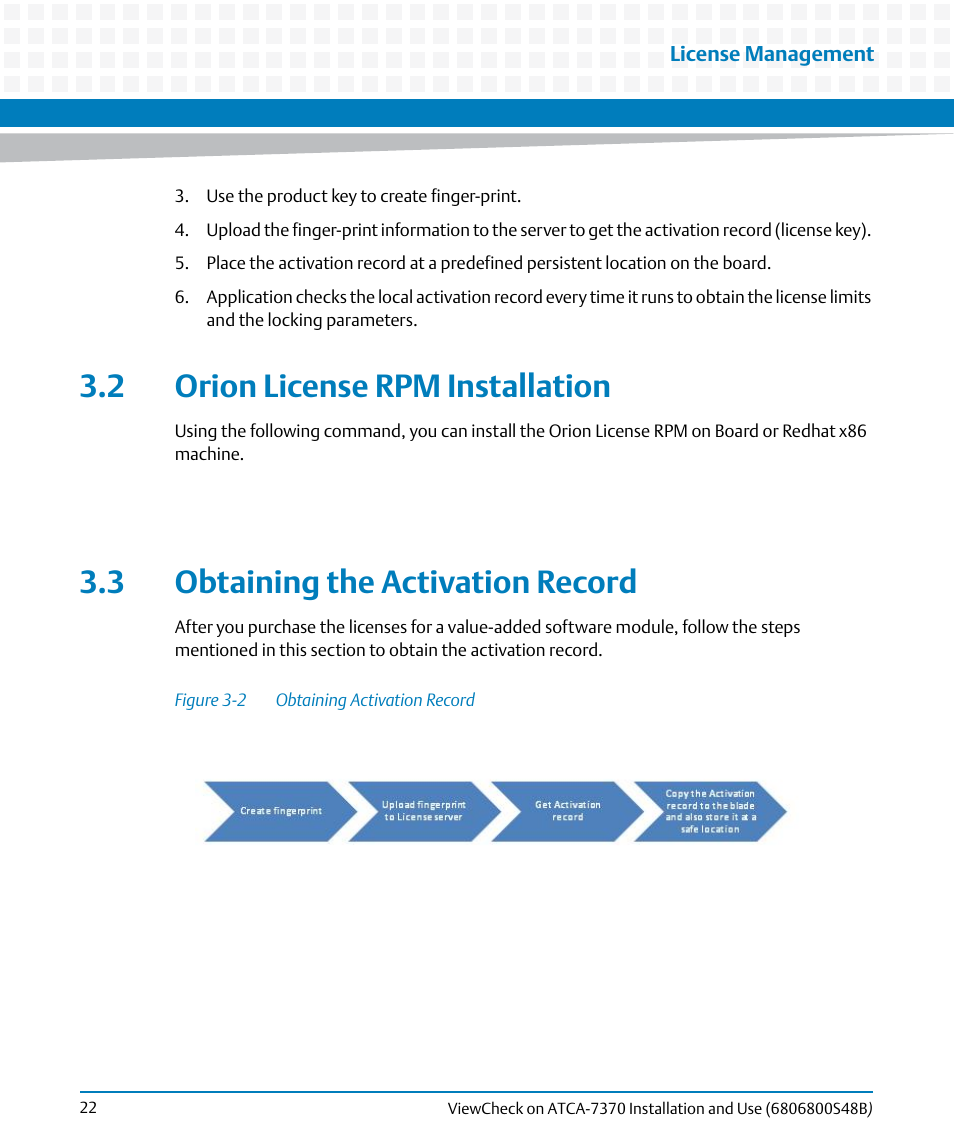 2 orion license rpm installation, 3 obtaining the activation record | Artesyn ViewCheck on ATCA-7370 Installation and Use (April 2014) User Manual | Page 22 / 86