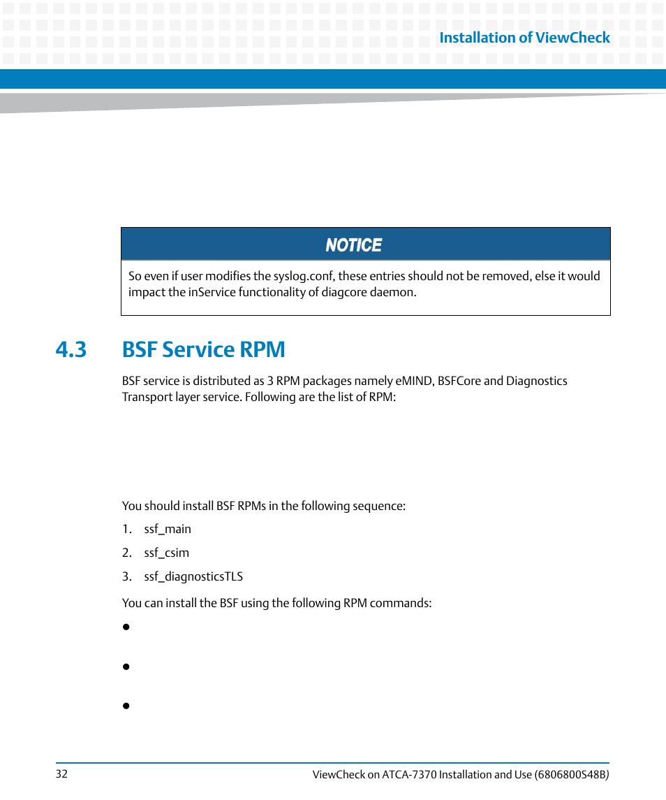 3 bsf service rpm | Artesyn ViewCheck on ATCA-7370 Installation and Use (April 2014) User Manual | Page 32 / 86