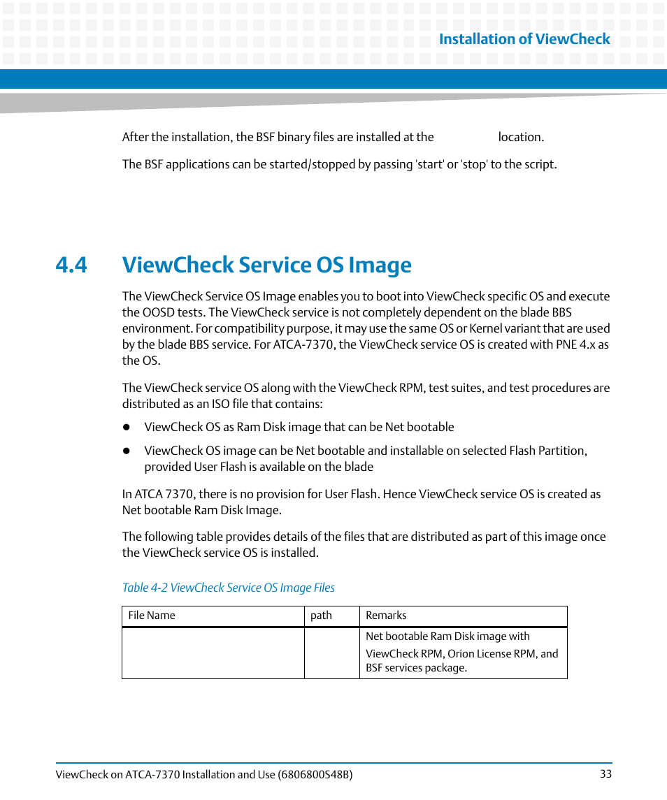 4 viewcheck service os image, Table 4-2, Viewcheck service os image files | Installation of viewcheck | Artesyn ViewCheck on ATCA-7370 Installation and Use (April 2014) User Manual | Page 33 / 86