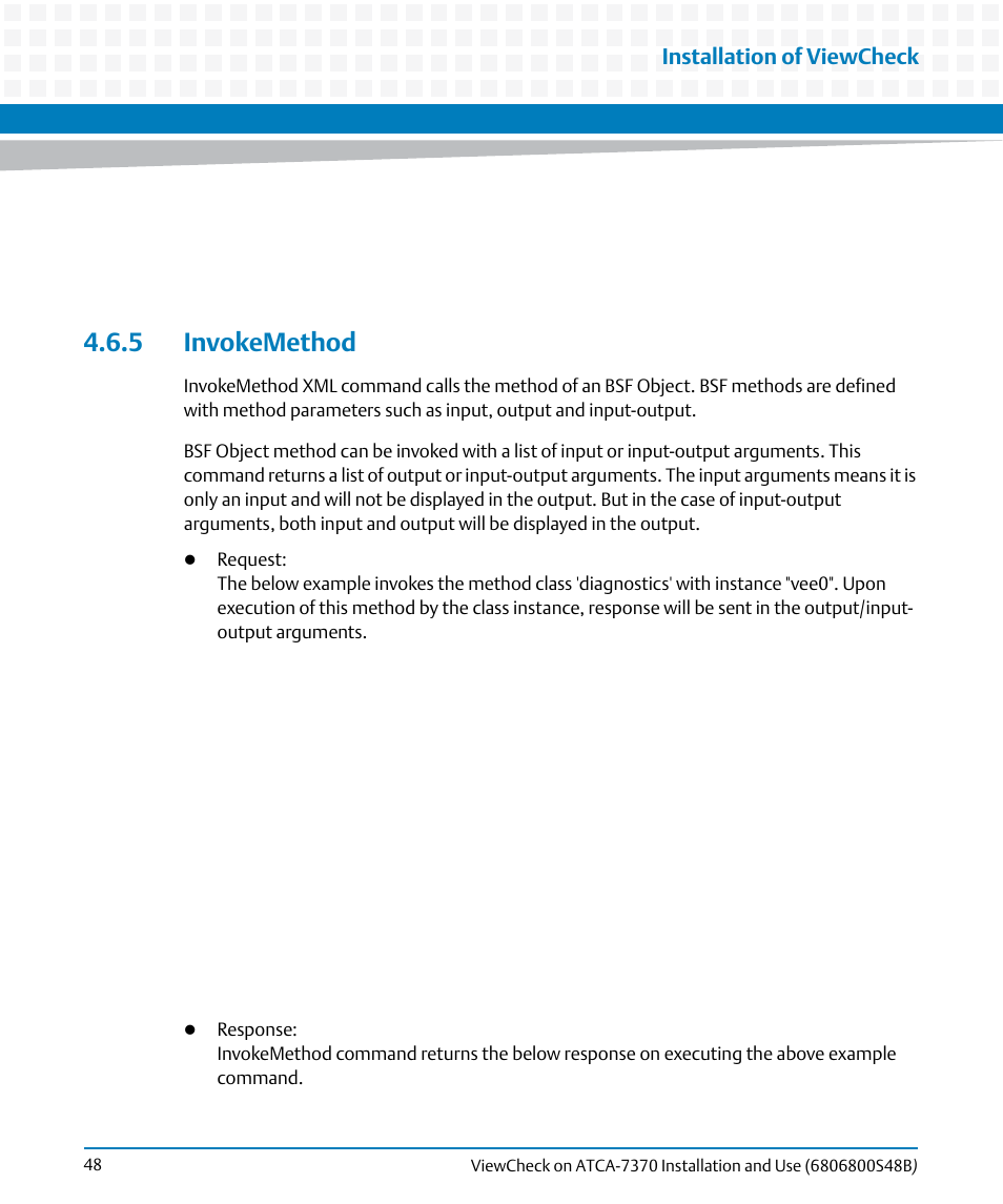 5 invokemethod, Installation of viewcheck | Artesyn ViewCheck on ATCA-7370 Installation and Use (April 2014) User Manual | Page 48 / 86