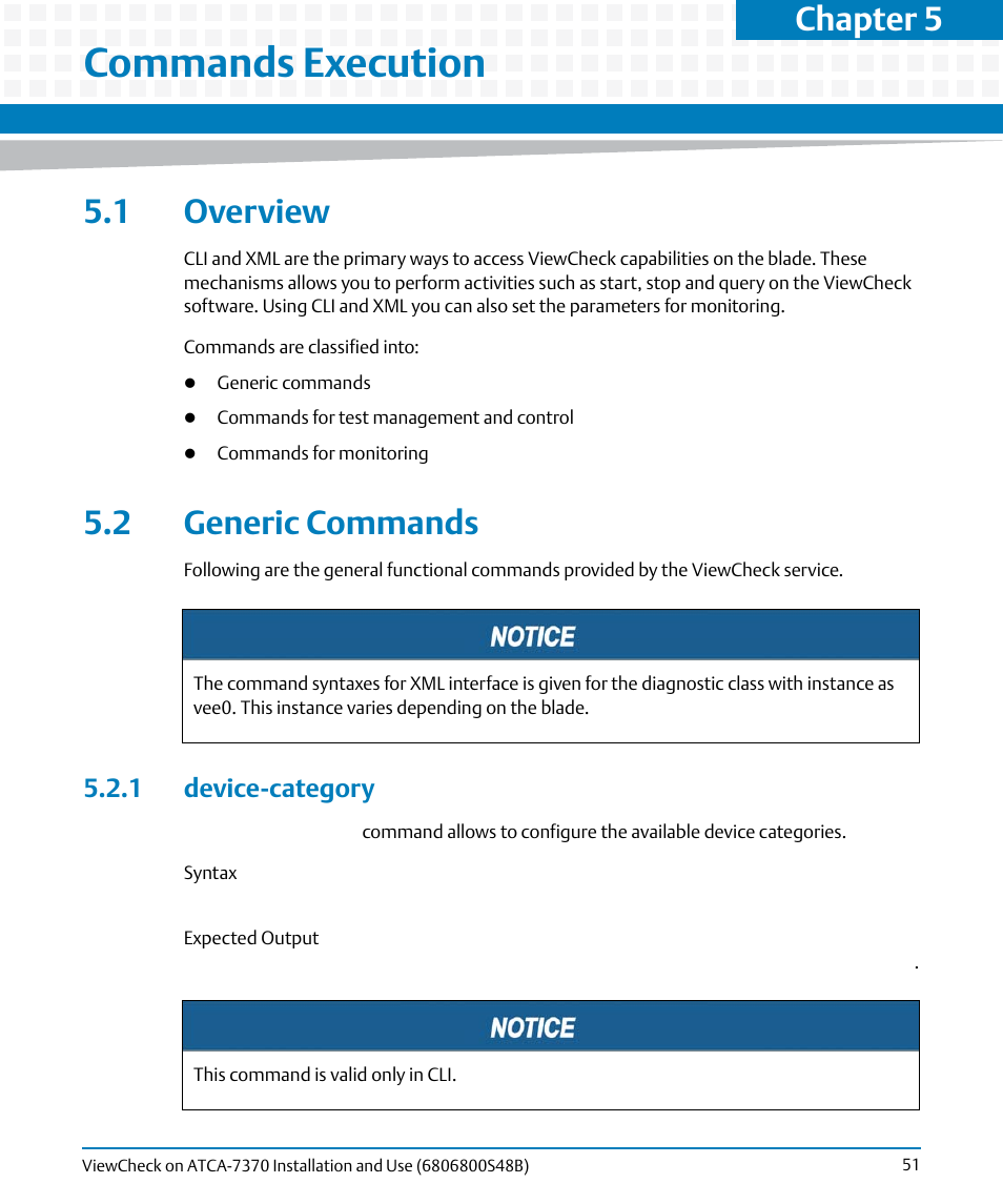 Commands execution, 1 overview, 2 generic commands | 1 device-category, 1 overview 5.2 generic commands, Commands, Execution, Ed with the same category of error, across bl, Chapter 5 | Artesyn ViewCheck on ATCA-7370 Installation and Use (April 2014) User Manual | Page 51 / 86