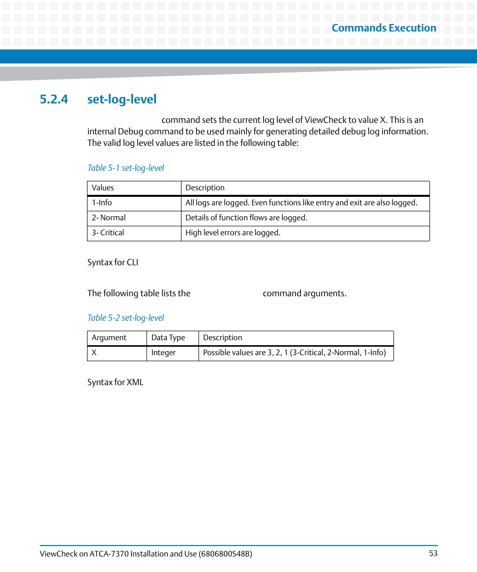 4 set-log-level, Table 5-1, Set-log-level | Table 5-2, Commands execution | Artesyn ViewCheck on ATCA-7370 Installation and Use (April 2014) User Manual | Page 53 / 86
