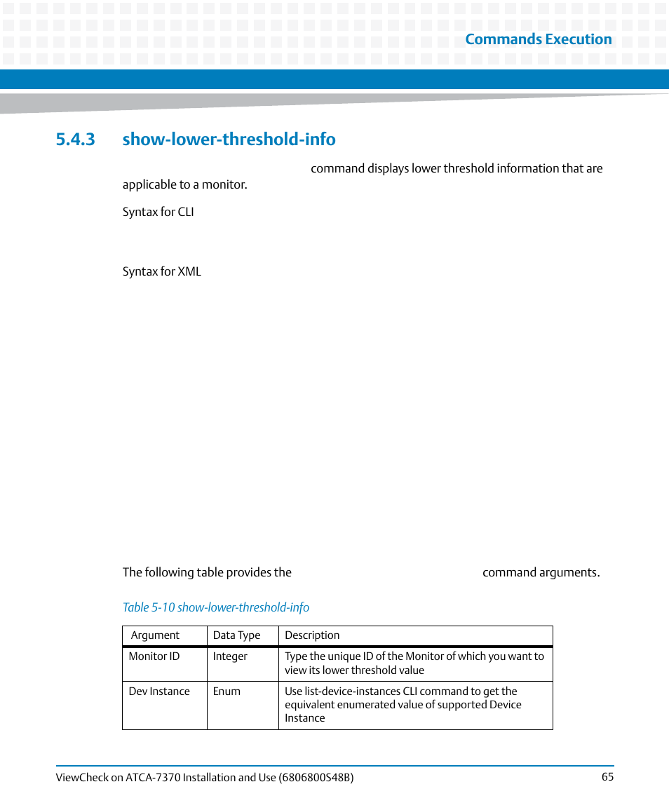 3 show-lower-threshold-info, Table 5-10, Show-lower-threshold-info | Commands execution | Artesyn ViewCheck on ATCA-7370 Installation and Use (April 2014) User Manual | Page 65 / 86