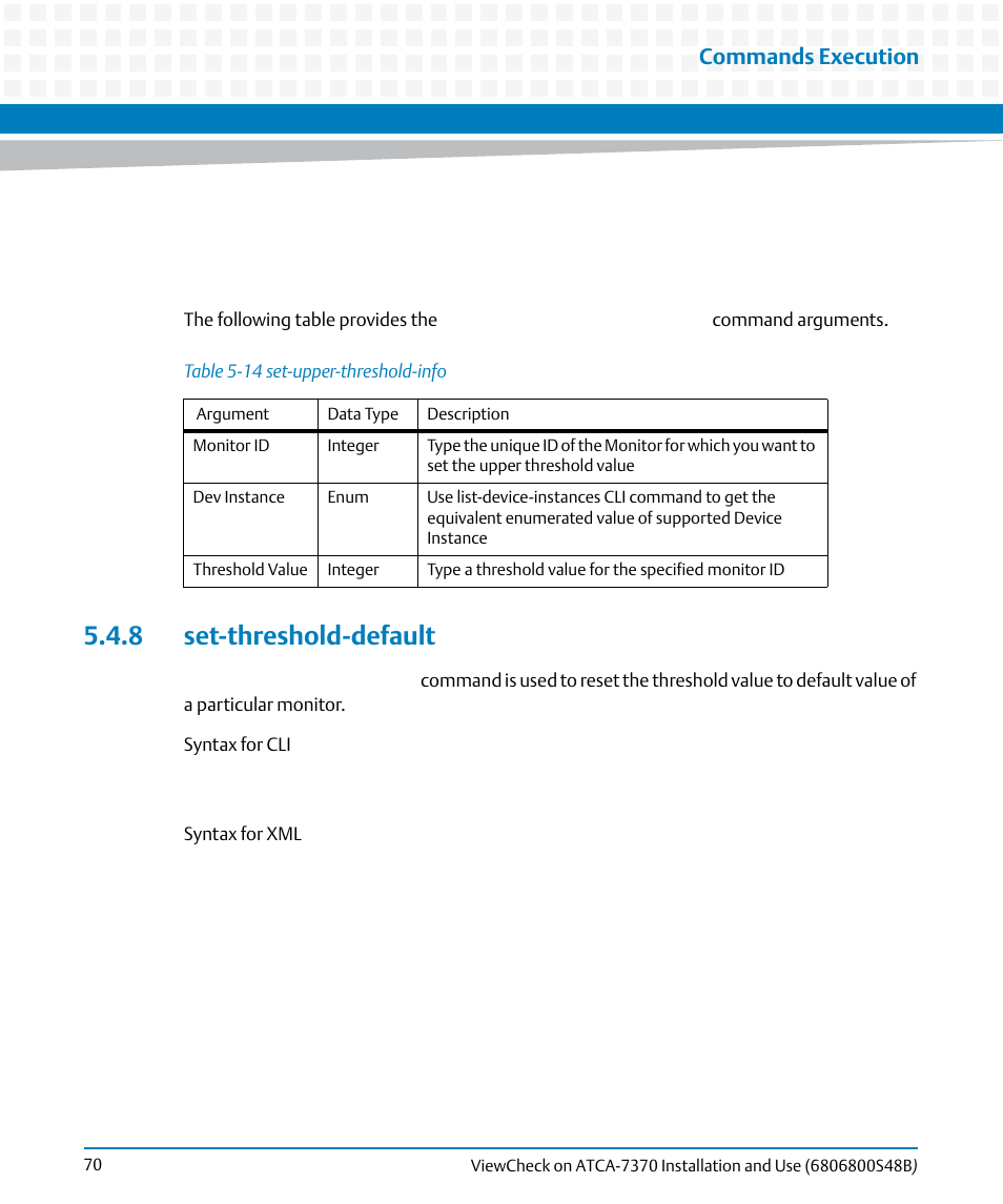 8 set-threshold-default, Table 5-14, Set-upper-threshold-info | Commands execution | Artesyn ViewCheck on ATCA-7370 Installation and Use (April 2014) User Manual | Page 70 / 86