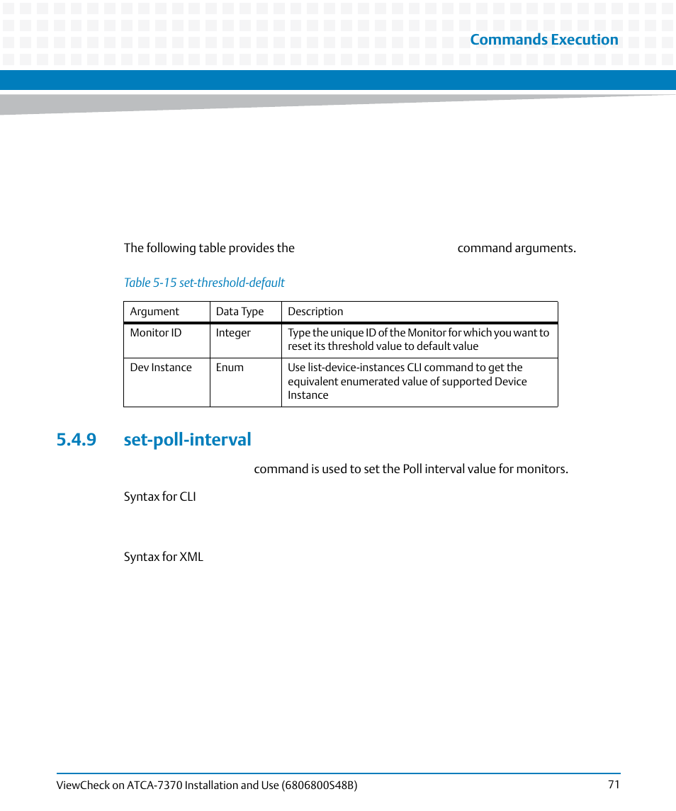 9 set-poll-interval, Table 5-15, Set-threshold-default | Commands execution | Artesyn ViewCheck on ATCA-7370 Installation and Use (April 2014) User Manual | Page 71 / 86