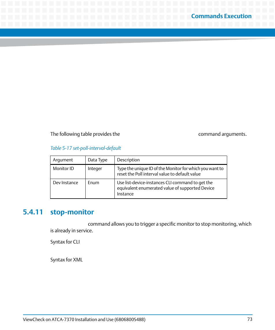 11 stop-monitor, Table 5-17, Set-poll-interval-default | Commands execution | Artesyn ViewCheck on ATCA-7370 Installation and Use (April 2014) User Manual | Page 73 / 86