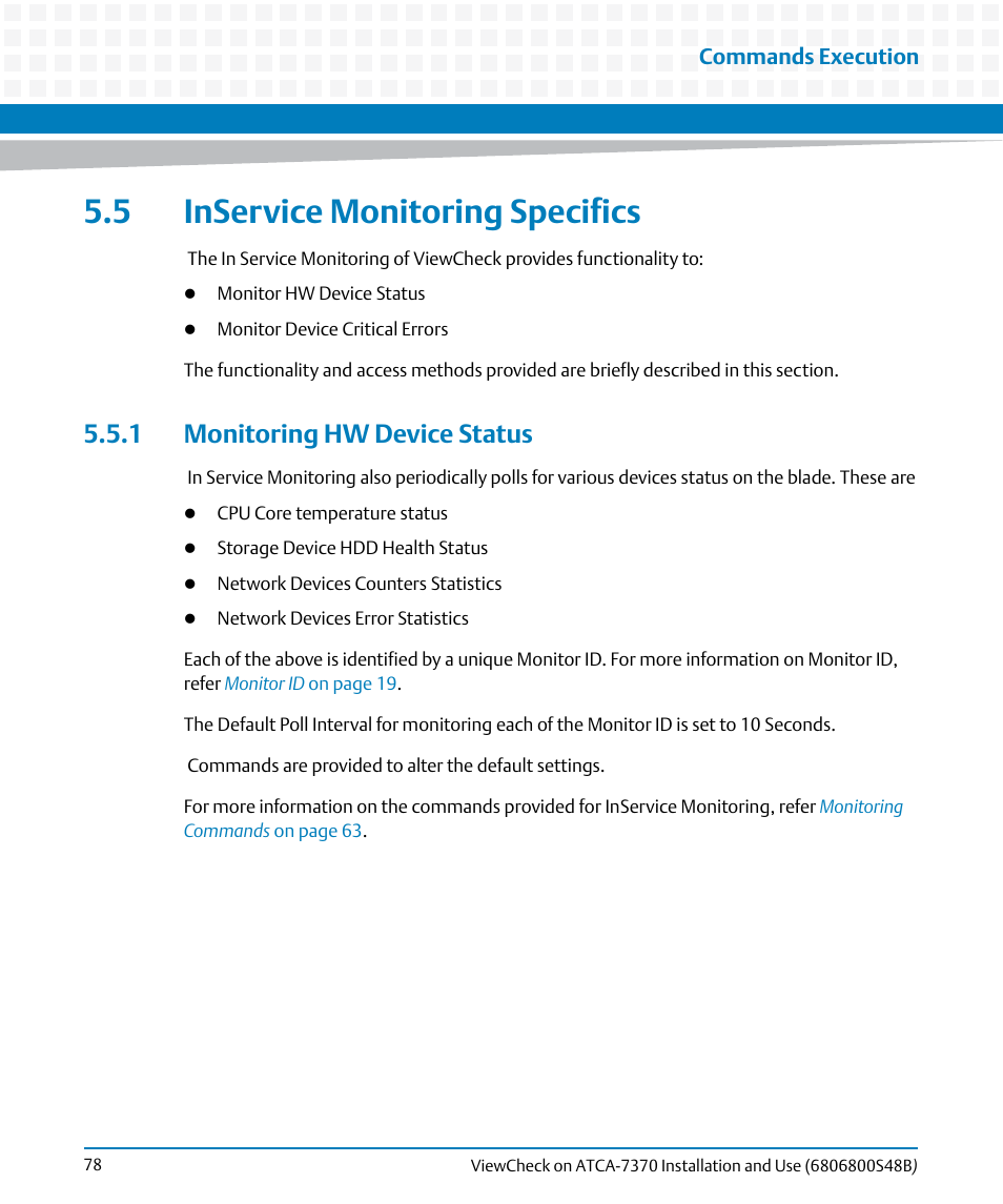 5 inservice monitoring specifics, 1 monitoring hw device status | Artesyn ViewCheck on ATCA-7370 Installation and Use (April 2014) User Manual | Page 78 / 86
