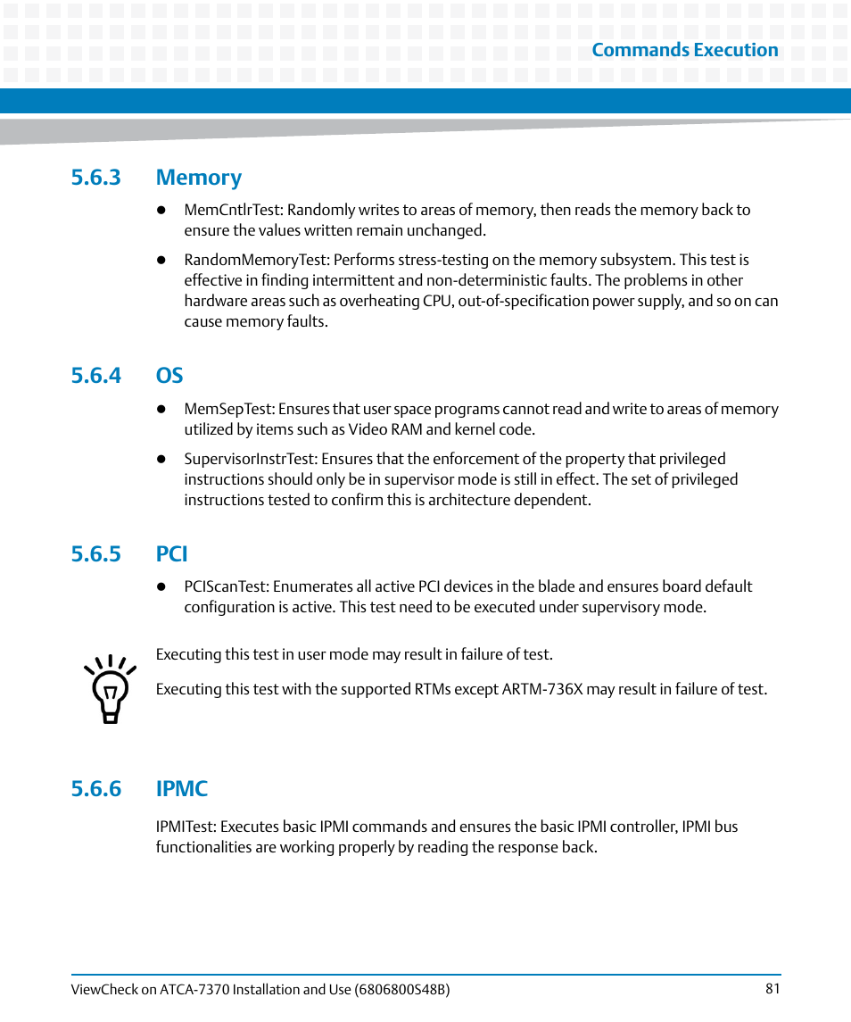 3 memory, 4 os, 5 pci | 6 ipmc, 3 memory 5.6.4 os 5.6.5 pci 5.6.6 ipmc | Artesyn ViewCheck on ATCA-7370 Installation and Use (April 2014) User Manual | Page 81 / 86