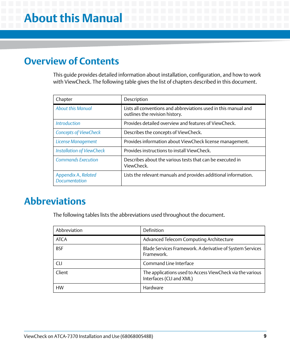 About this manual, Overview of contents, Abbreviations | Artesyn ViewCheck on ATCA-7370 Installation and Use (April 2014) User Manual | Page 9 / 86