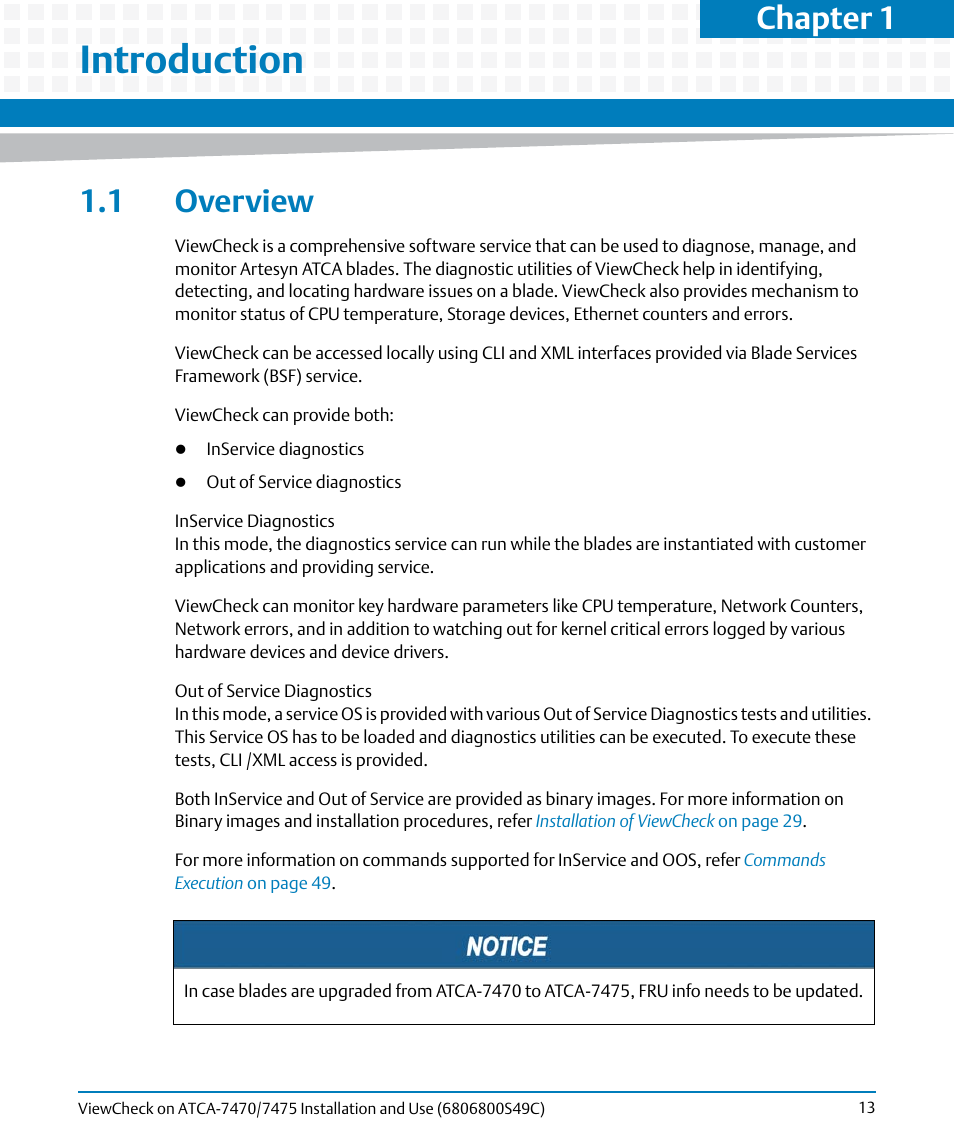 Introduction, 1 overview, Chapter 1 | Artesyn ViewCheck on ATCA-7470/7475 Installation and Use (May 2014) User Manual | Page 13 / 94