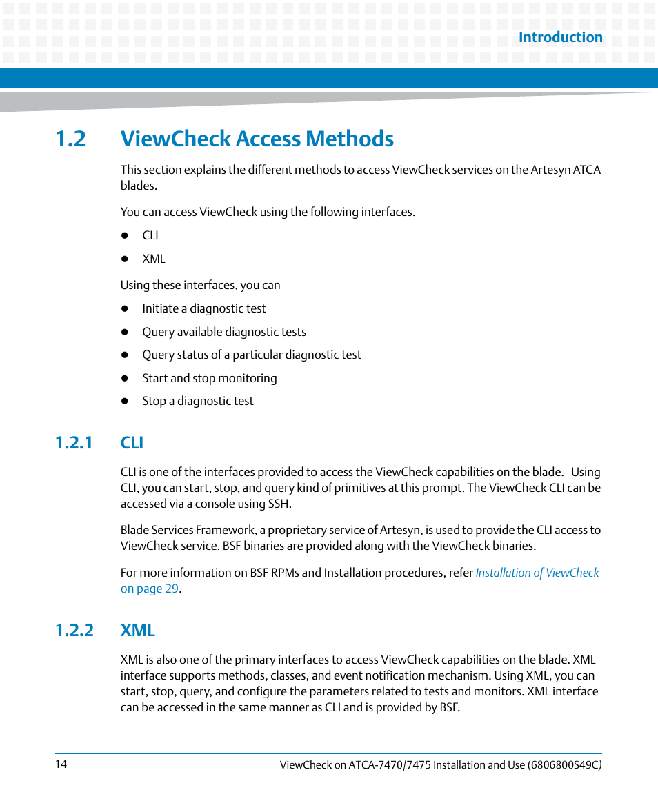 2 viewcheck access methods, 1 cli, 2 xml | 1 cli 1.2.2 xml | Artesyn ViewCheck on ATCA-7470/7475 Installation and Use (May 2014) User Manual | Page 14 / 94