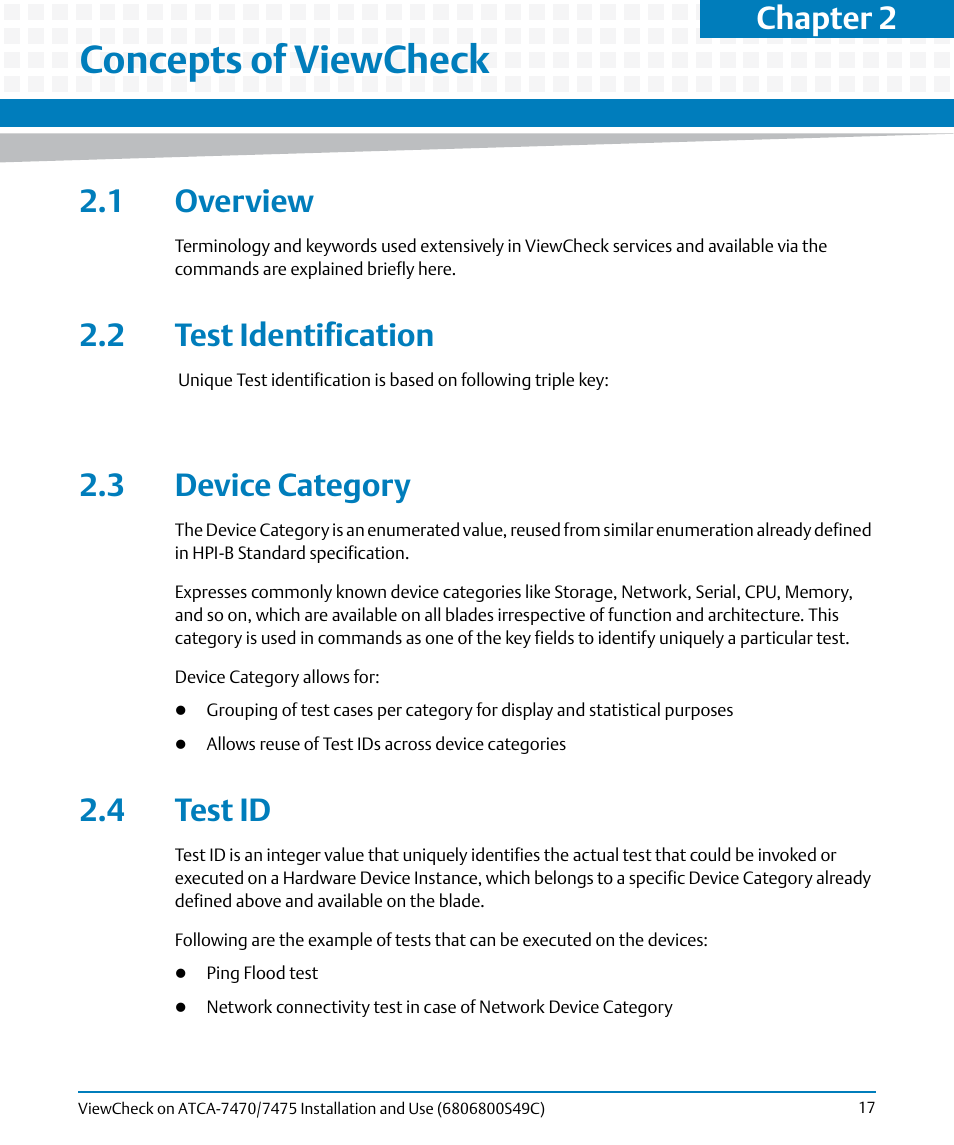 Concepts of viewcheck, 1 overview, 2 test identification | 3 device category, 4 test id, Chapter 2 | Artesyn ViewCheck on ATCA-7470/7475 Installation and Use (May 2014) User Manual | Page 17 / 94