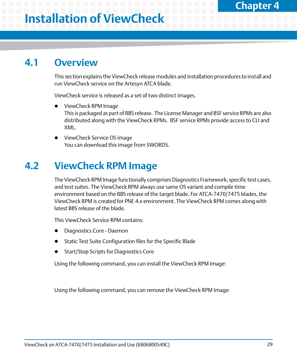 Installation of viewcheck, 1 overview, 2 viewcheck rpm image | 1 overview 4.2 viewcheck rpm image, Chapter 4 | Artesyn ViewCheck on ATCA-7470/7475 Installation and Use (May 2014) User Manual | Page 29 / 94