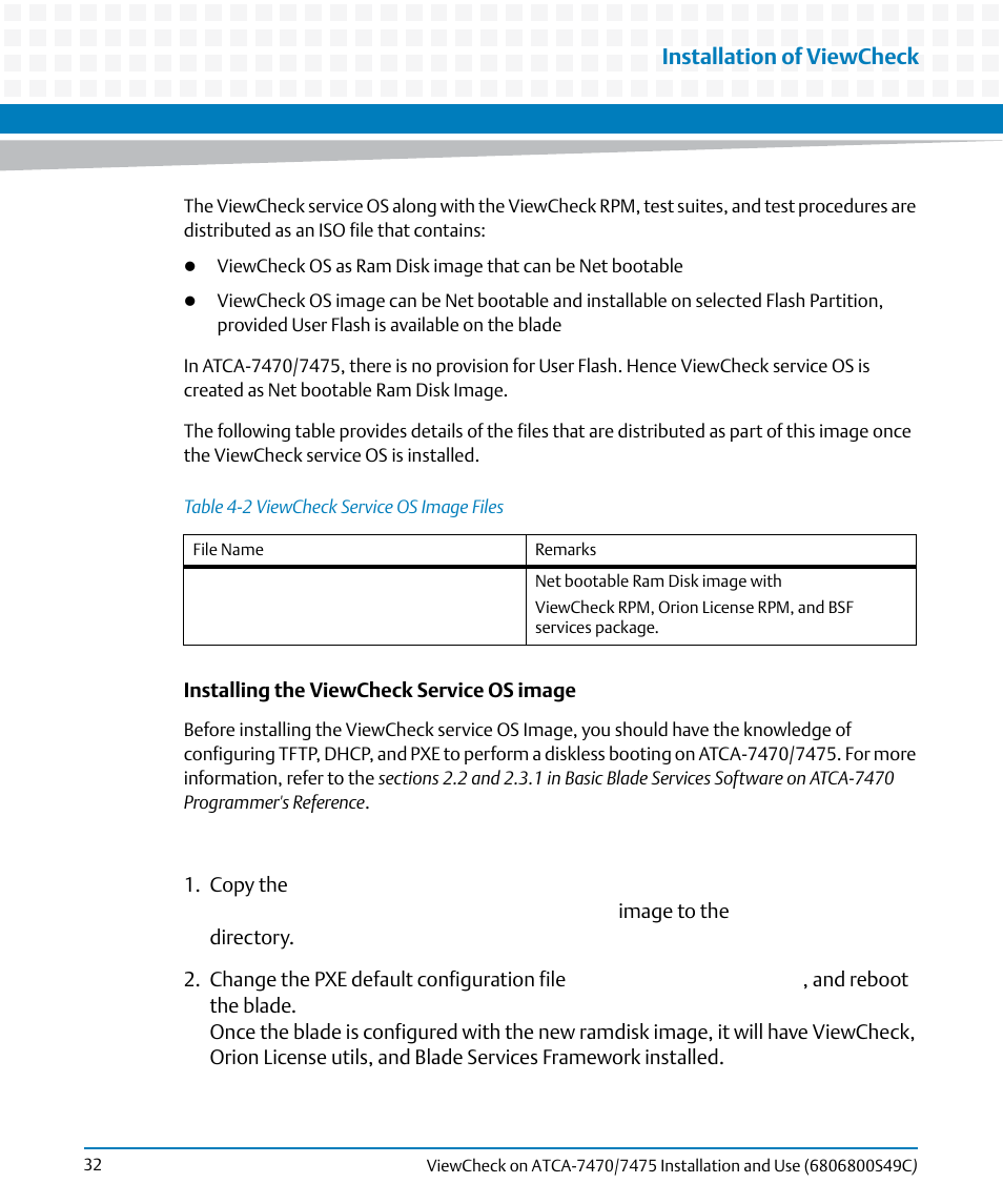 Table 4-2, Viewcheck service os image files, Installation of viewcheck | Artesyn ViewCheck on ATCA-7470/7475 Installation and Use (May 2014) User Manual | Page 32 / 94