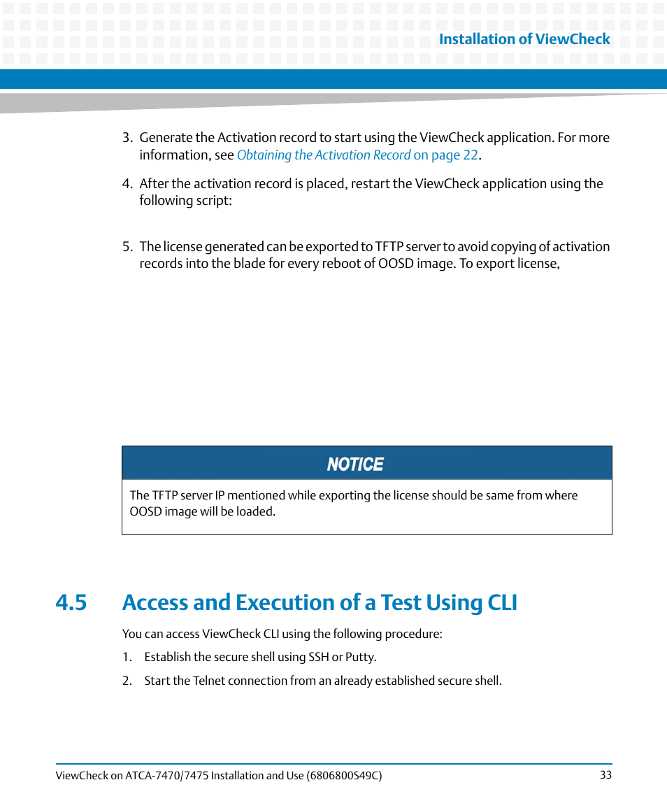 5 access and execution of a test using cli | Artesyn ViewCheck on ATCA-7470/7475 Installation and Use (May 2014) User Manual | Page 33 / 94