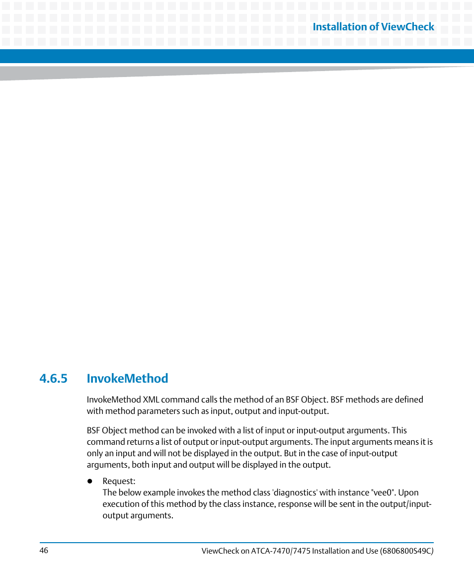 5 invokemethod, Installation of viewcheck | Artesyn ViewCheck on ATCA-7470/7475 Installation and Use (May 2014) User Manual | Page 46 / 94