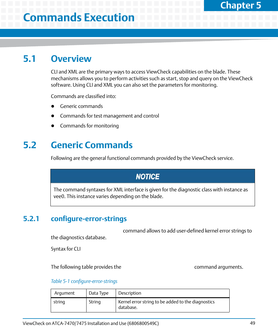 Commands execution, 1 overview, 2 generic commands | 1 configure-error-strings, 1 overview 5.2 generic commands, Table 5-1, Configure-error-strings, Generic, Commands, Execution | Artesyn ViewCheck on ATCA-7470/7475 Installation and Use (May 2014) User Manual | Page 49 / 94