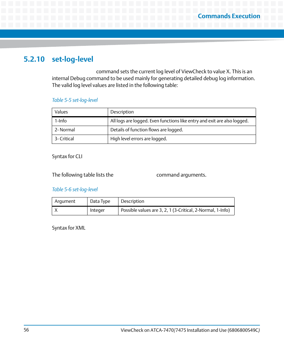 10 set-log-level, Table 5-5, Set-log-level | Table 5-6, Commands execution | Artesyn ViewCheck on ATCA-7470/7475 Installation and Use (May 2014) User Manual | Page 56 / 94