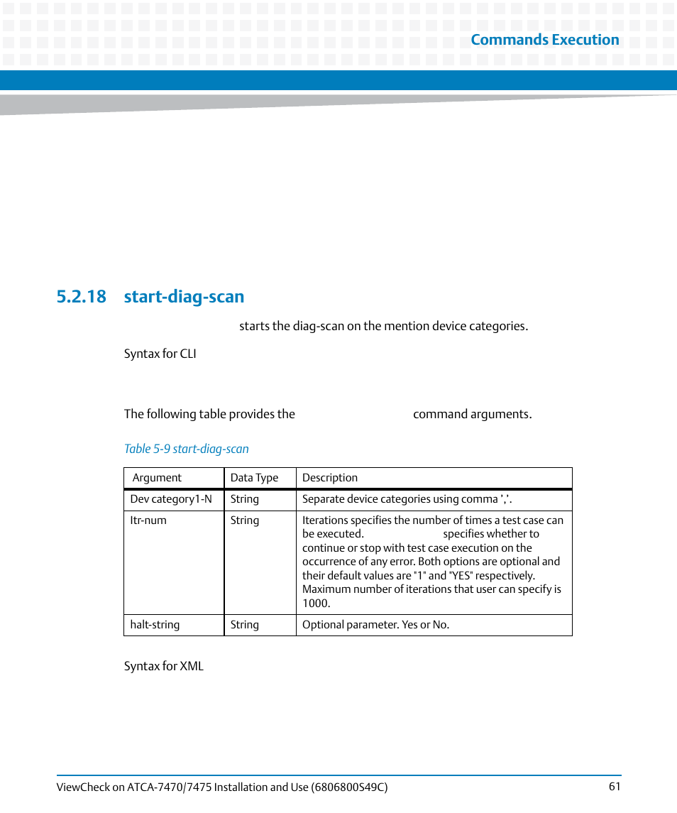18 start-diag-scan, Table 5-9, Start-diag-scan | Commands execution | Artesyn ViewCheck on ATCA-7470/7475 Installation and Use (May 2014) User Manual | Page 61 / 94