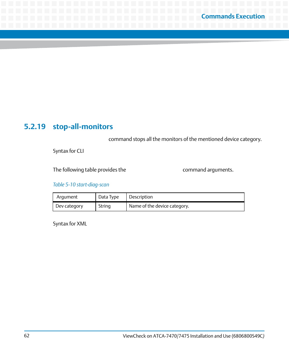 19 stop-all-monitors, Table 5-10, Start-diag-scan | Commands execution | Artesyn ViewCheck on ATCA-7470/7475 Installation and Use (May 2014) User Manual | Page 62 / 94