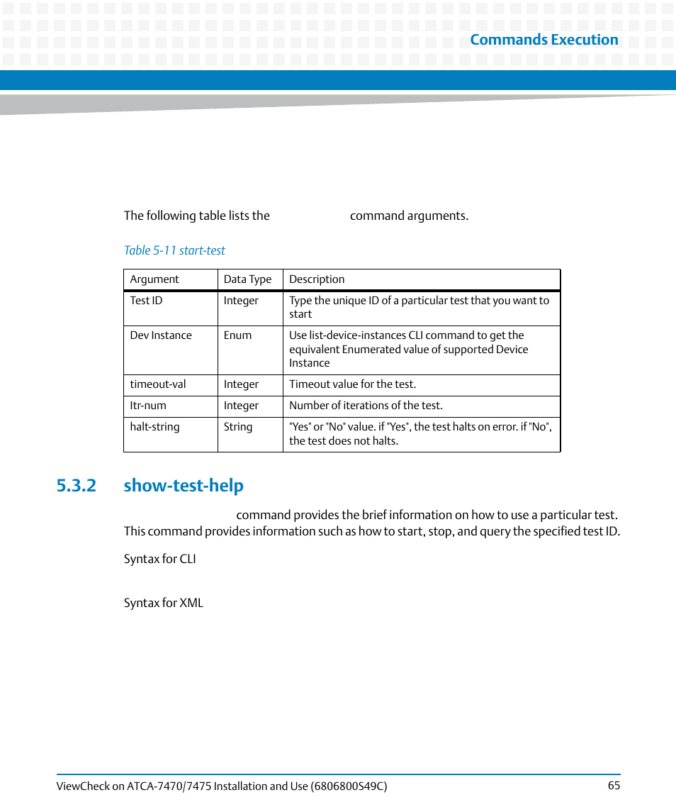 2 show-test-help, Table 5-11, Start-test | Commands execution | Artesyn ViewCheck on ATCA-7470/7475 Installation and Use (May 2014) User Manual | Page 65 / 94
