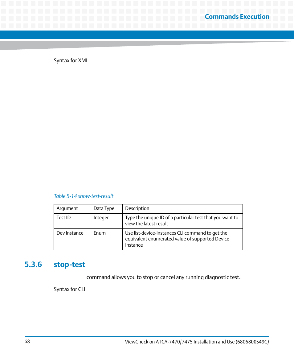 6 stop-test, Table 5-14, Show-test-result | Commands execution | Artesyn ViewCheck on ATCA-7470/7475 Installation and Use (May 2014) User Manual | Page 68 / 94