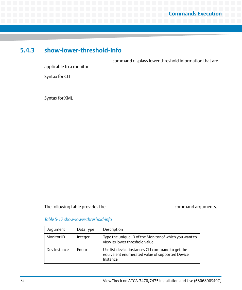 3 show-lower-threshold-info, Table 5-17, Show-lower-threshold-info | Commands execution | Artesyn ViewCheck on ATCA-7470/7475 Installation and Use (May 2014) User Manual | Page 72 / 94