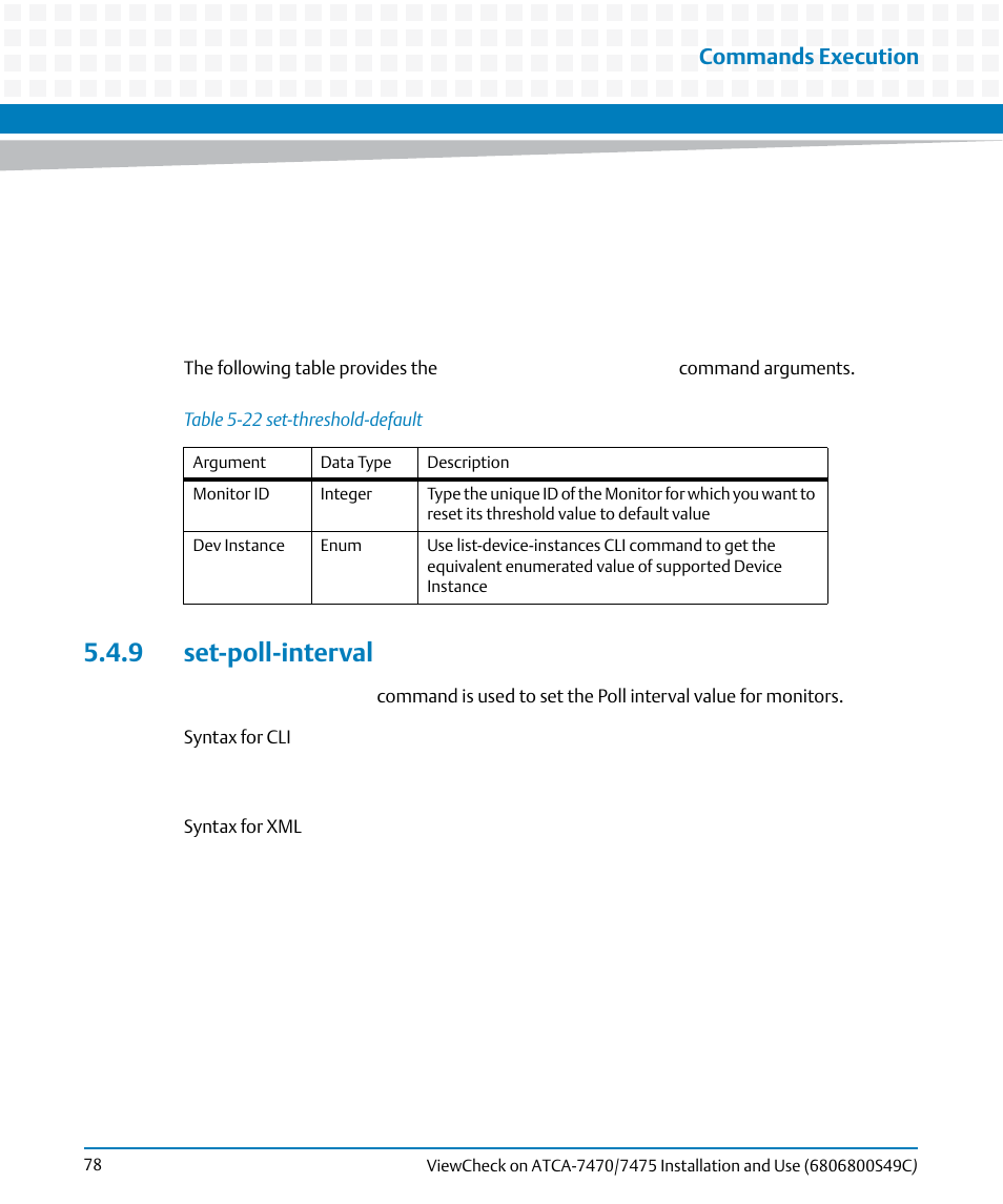 9 set-poll-interval, Table 5-22, Set-threshold-default | Commands execution | Artesyn ViewCheck on ATCA-7470/7475 Installation and Use (May 2014) User Manual | Page 78 / 94