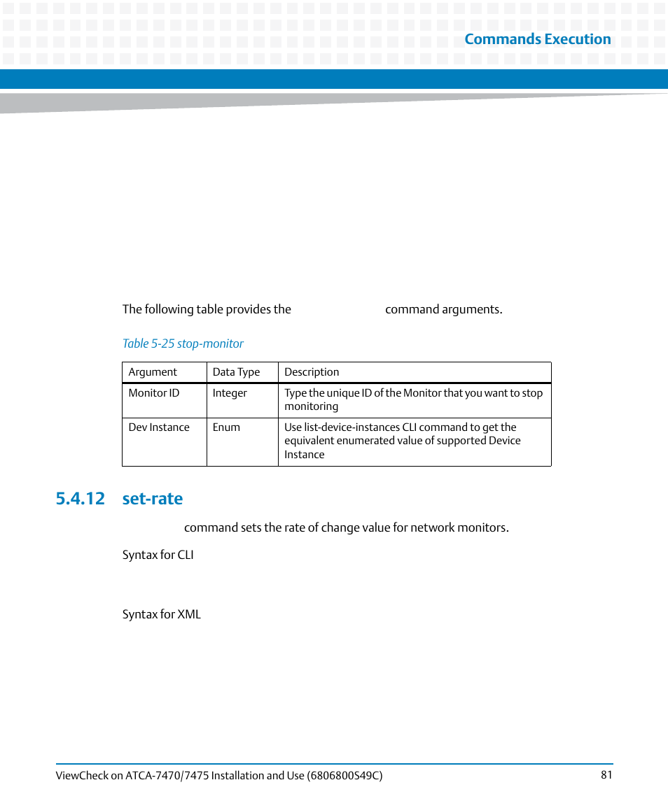 12 set-rate, Table 5-25, Stop-monitor | Commands execution | Artesyn ViewCheck on ATCA-7470/7475 Installation and Use (May 2014) User Manual | Page 81 / 94