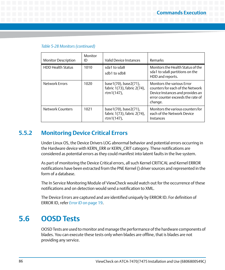 2 monitoring device critical errors, 6 oosd tests, Commands execution | Artesyn ViewCheck on ATCA-7470/7475 Installation and Use (May 2014) User Manual | Page 86 / 94