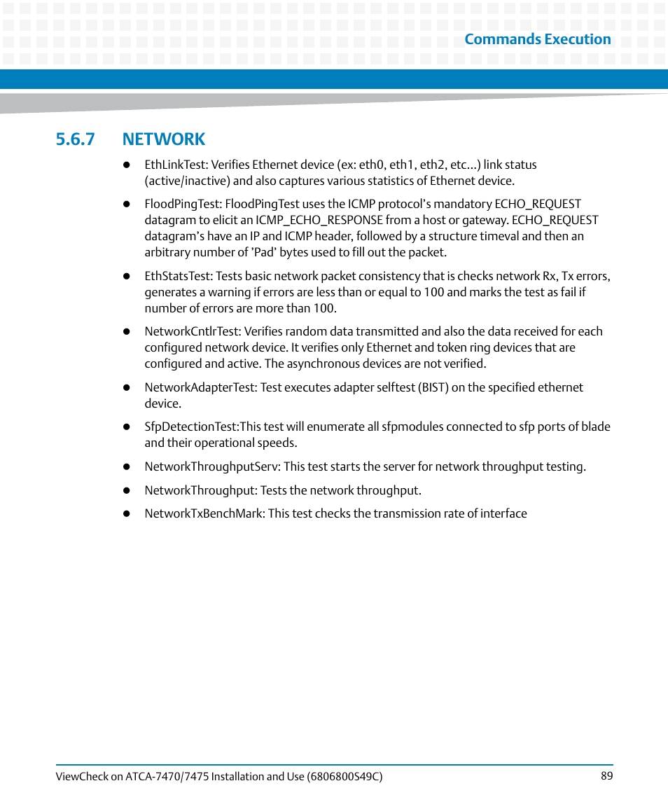 7 network, Network, Commands execution | Artesyn ViewCheck on ATCA-7470/7475 Installation and Use (May 2014) User Manual | Page 89 / 94