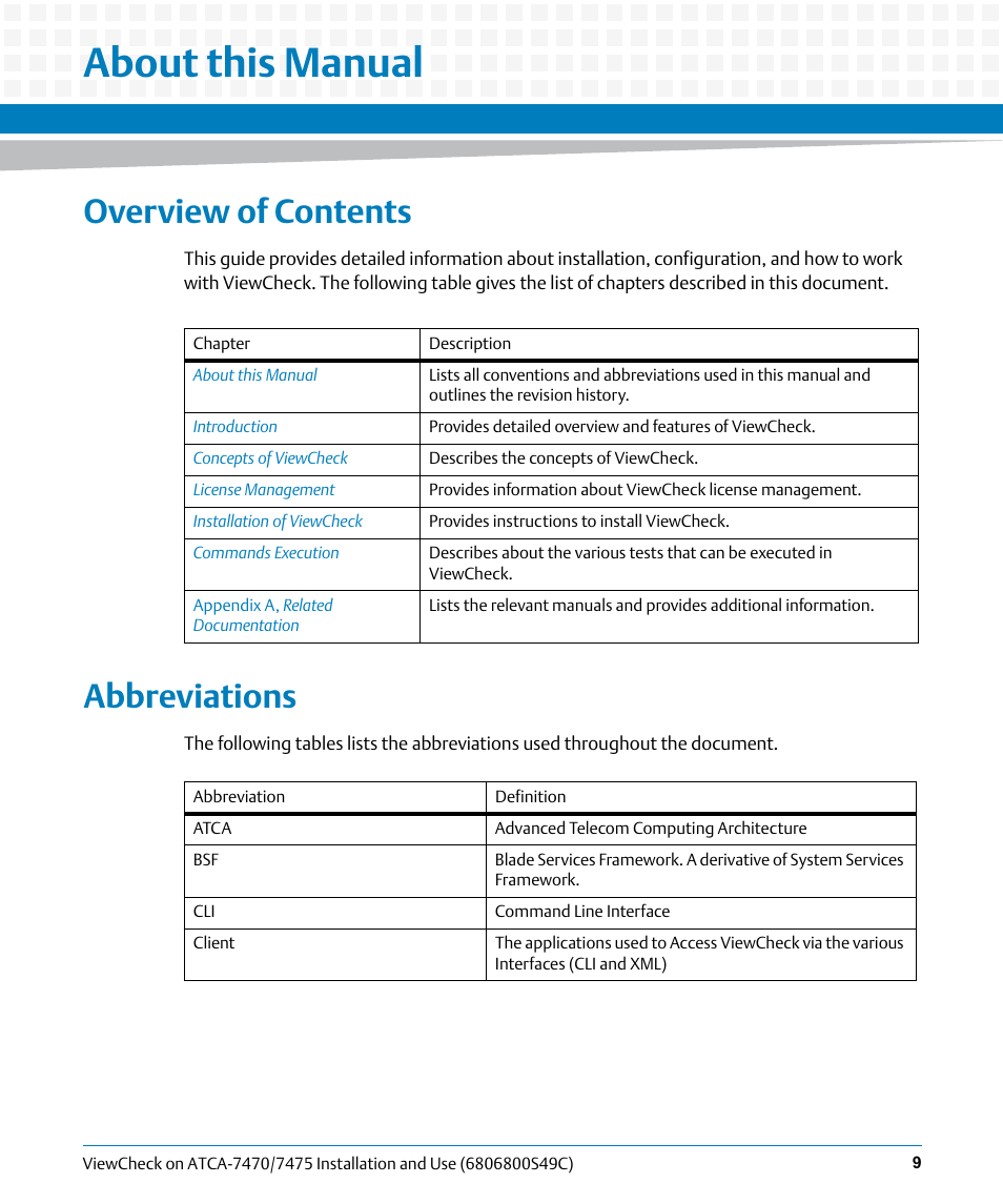 About this manual, Overview of contents, Abbreviations | Artesyn ViewCheck on ATCA-7470/7475 Installation and Use (May 2014) User Manual | Page 9 / 94