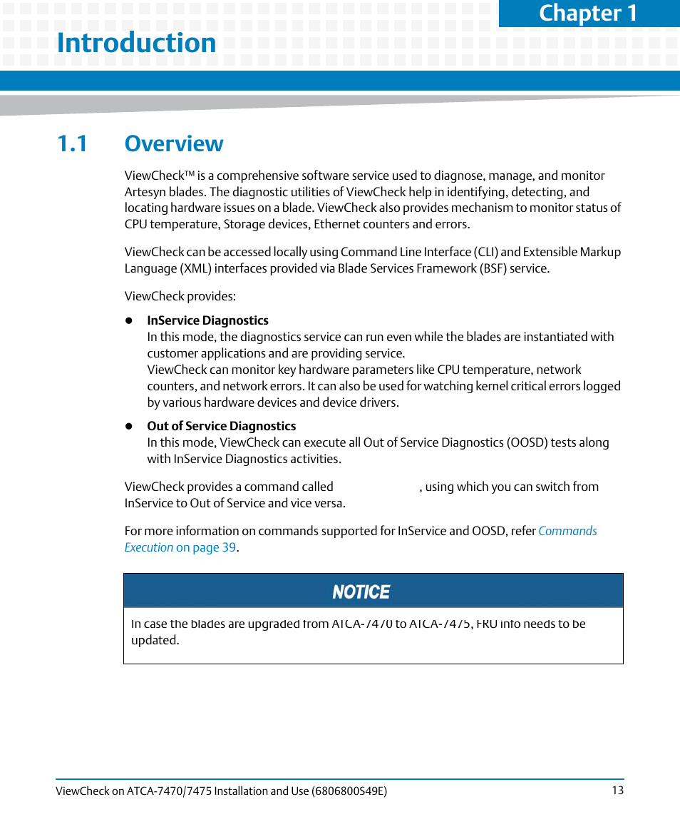 Introduction, 1 overview, Chapter 1 | Artesyn ViewCheck on ATCA-7470/7475 Installation and Use (November 2014) User Manual | Page 13 / 88