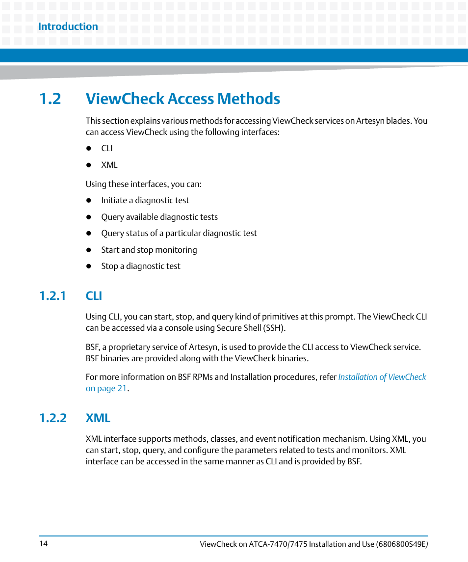 2 viewcheck access methods, 1 cli, 2 xml | 1 cli 1.2.2 xml | Artesyn ViewCheck on ATCA-7470/7475 Installation and Use (November 2014) User Manual | Page 14 / 88