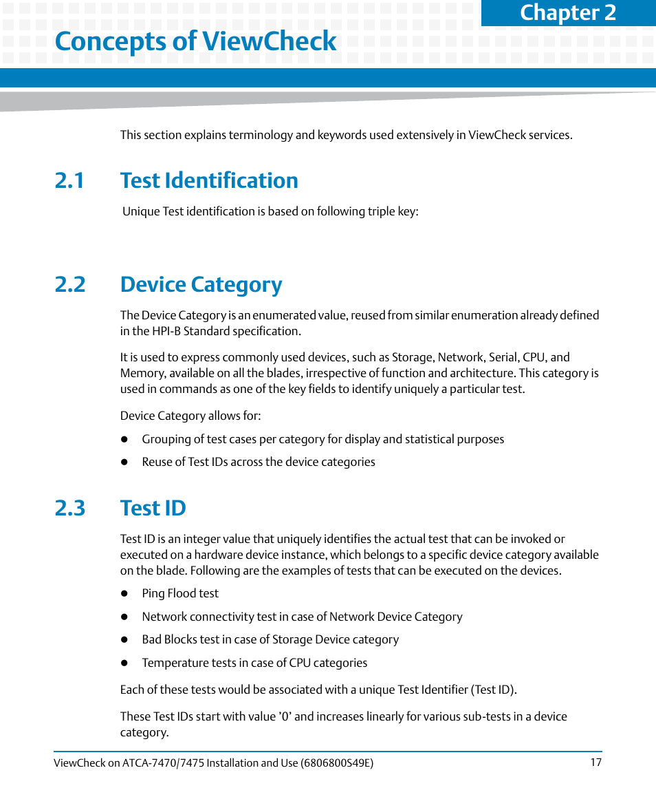 Concepts of viewcheck, 1 test identification, 2 device category | 3 test id, Chapter 2 | Artesyn ViewCheck on ATCA-7470/7475 Installation and Use (November 2014) User Manual | Page 17 / 88