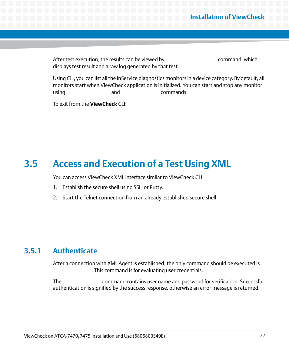 5 access and execution of a test using xml, 1 authenticate | Artesyn ViewCheck on ATCA-7470/7475 Installation and Use (November 2014) User Manual | Page 27 / 88