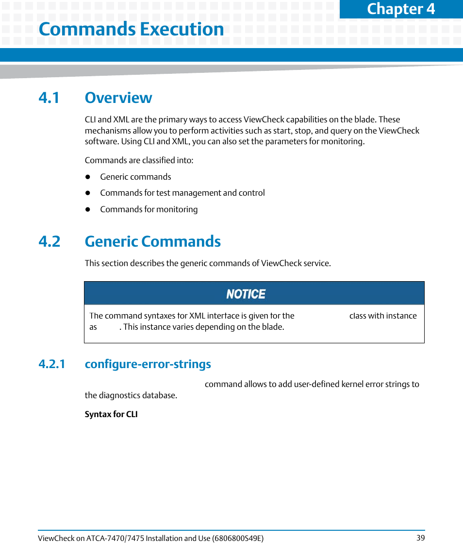 Commands execution, 1 overview, 2 generic commands | 1 configure-error-strings, 1 overview 4.2 generic commands, Generic, Commands, Execution, Chapter 4 | Artesyn ViewCheck on ATCA-7470/7475 Installation and Use (November 2014) User Manual | Page 39 / 88