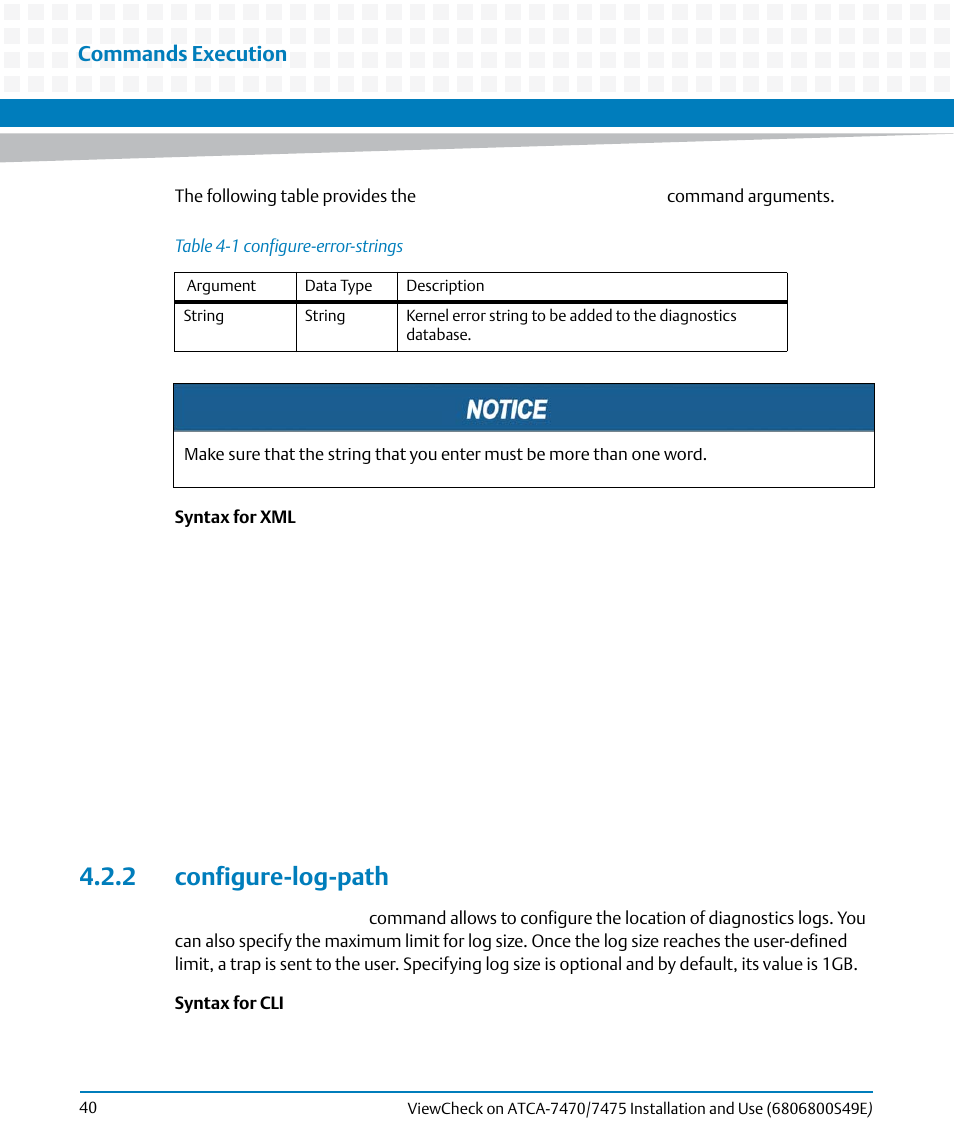 2 configure-log-path, Table 4-1, Configure-error-strings | Commands execution | Artesyn ViewCheck on ATCA-7470/7475 Installation and Use (November 2014) User Manual | Page 40 / 88