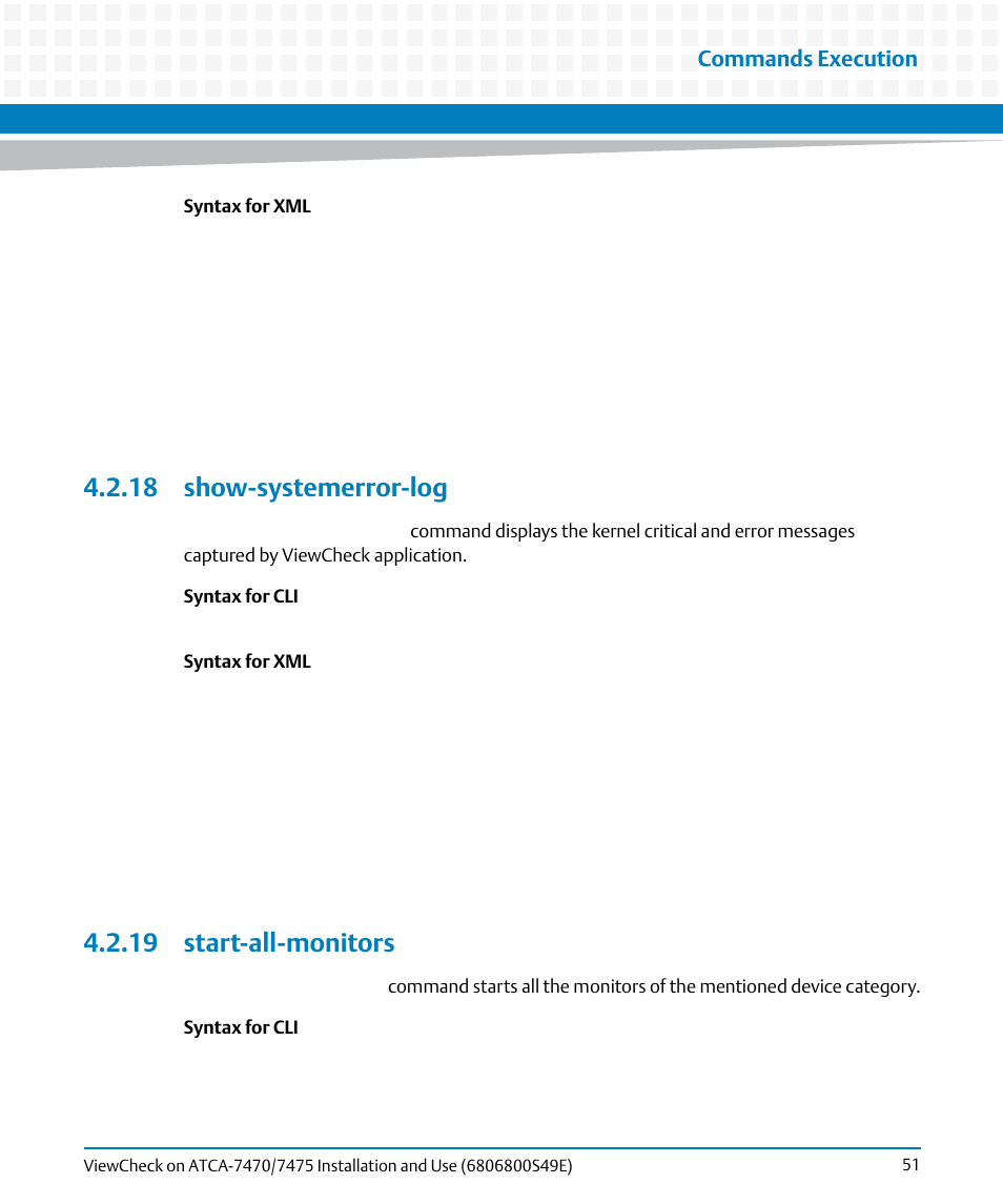 18 show-systemerror-log, 19 start-all-monitors, 18 show-systemerror-log 4.2.19 start-all-monitors | Commands execution | Artesyn ViewCheck on ATCA-7470/7475 Installation and Use (November 2014) User Manual | Page 51 / 88
