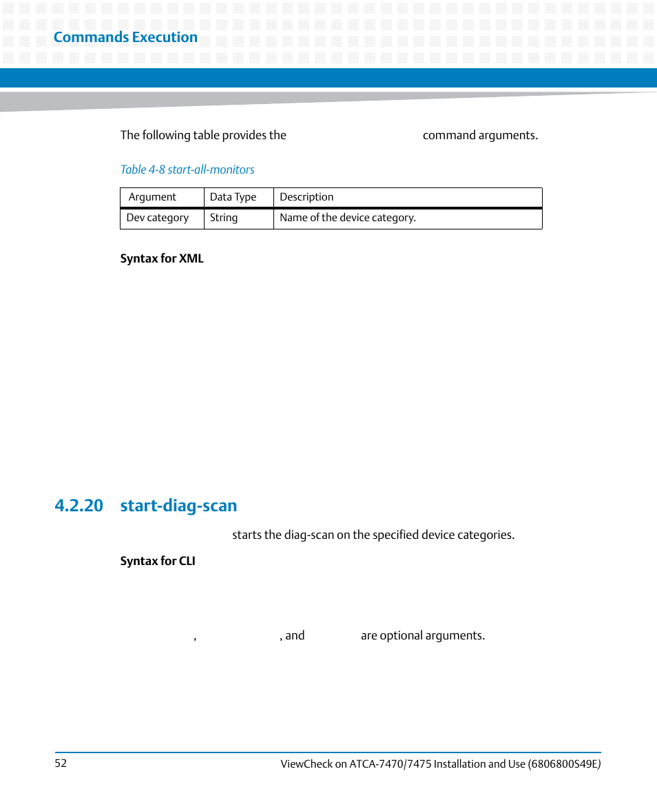 20 start-diag-scan, Table 4-8, Start-all-monitors | Commands execution | Artesyn ViewCheck on ATCA-7470/7475 Installation and Use (November 2014) User Manual | Page 52 / 88
