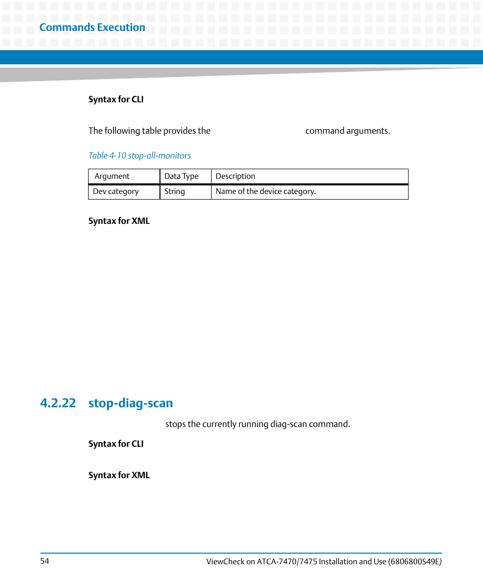 22 stop-diag-scan, Table 4-10, Stop-all-monitors | Commands execution | Artesyn ViewCheck on ATCA-7470/7475 Installation and Use (November 2014) User Manual | Page 54 / 88