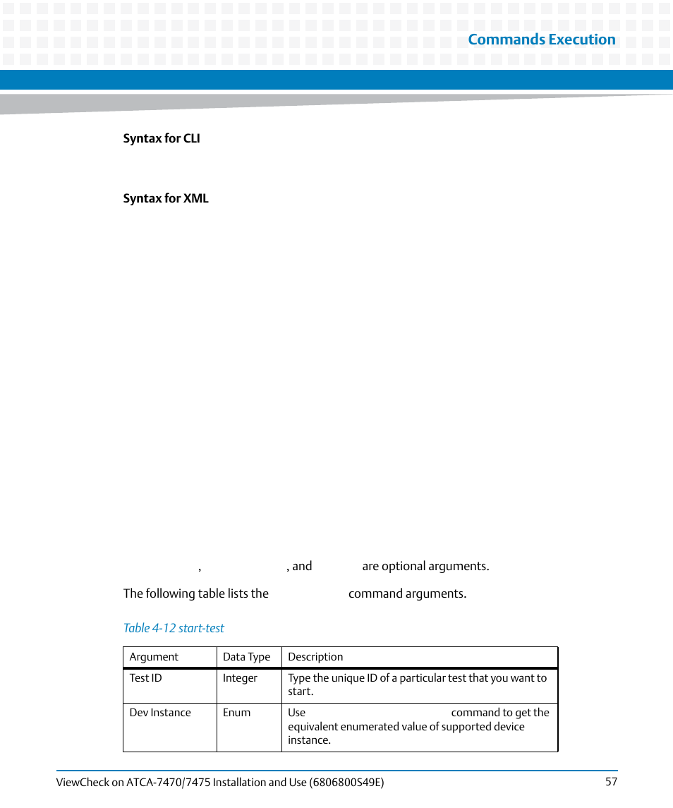 Table 4-12, Start-test, Commands execution | Artesyn ViewCheck on ATCA-7470/7475 Installation and Use (November 2014) User Manual | Page 57 / 88