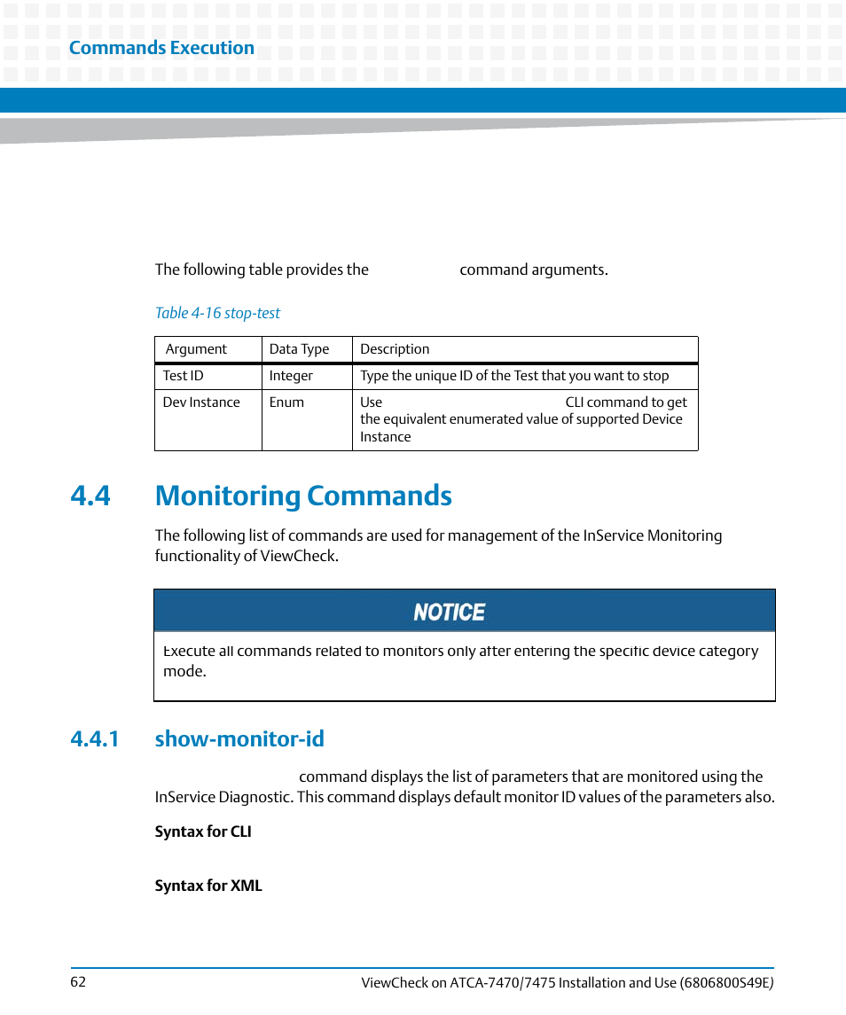 4 monitoring commands, 1 show-monitor-id, Table 4-16 | Stop-test | Artesyn ViewCheck on ATCA-7470/7475 Installation and Use (November 2014) User Manual | Page 62 / 88