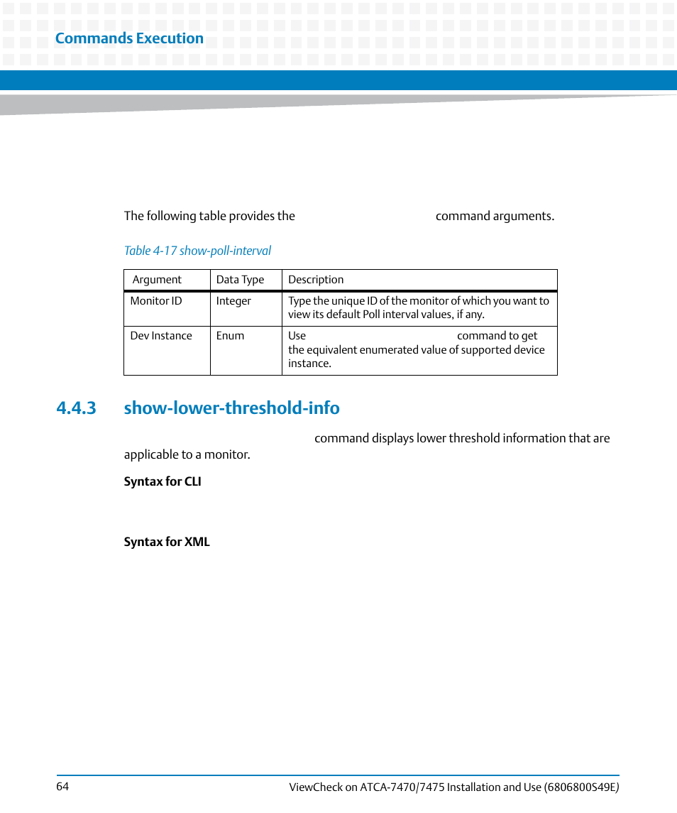 3 show-lower-threshold-info, Table 4-17, Show-poll-interval | Commands execution | Artesyn ViewCheck on ATCA-7470/7475 Installation and Use (November 2014) User Manual | Page 64 / 88