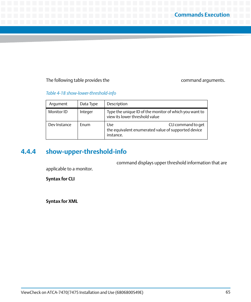 4 show-upper-threshold-info, Table 4-18, Show-lower-threshold-info | Commands execution | Artesyn ViewCheck on ATCA-7470/7475 Installation and Use (November 2014) User Manual | Page 65 / 88