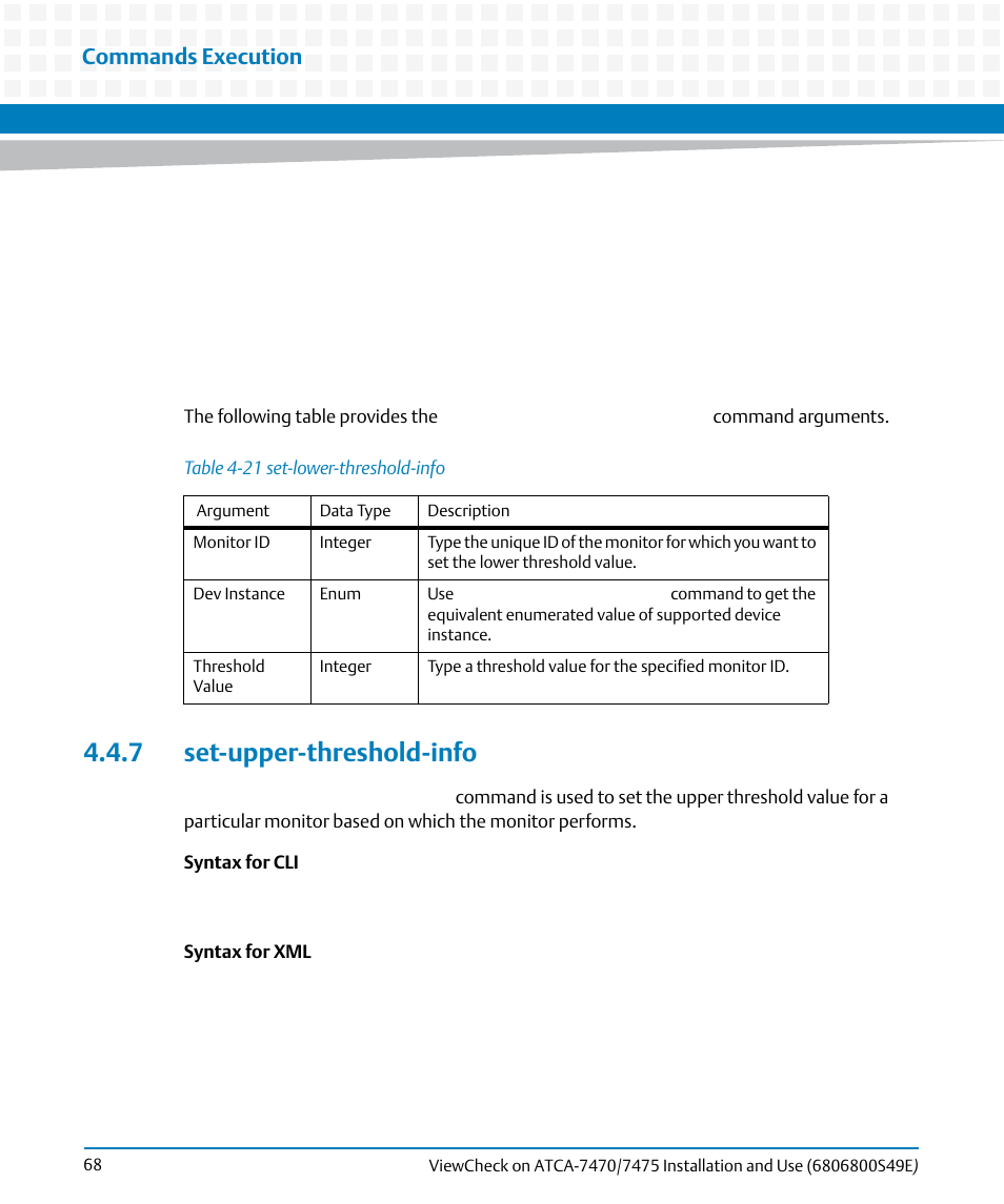 7 set-upper-threshold-info, Table 4-21, Set-lower-threshold-info | Commands execution | Artesyn ViewCheck on ATCA-7470/7475 Installation and Use (November 2014) User Manual | Page 68 / 88