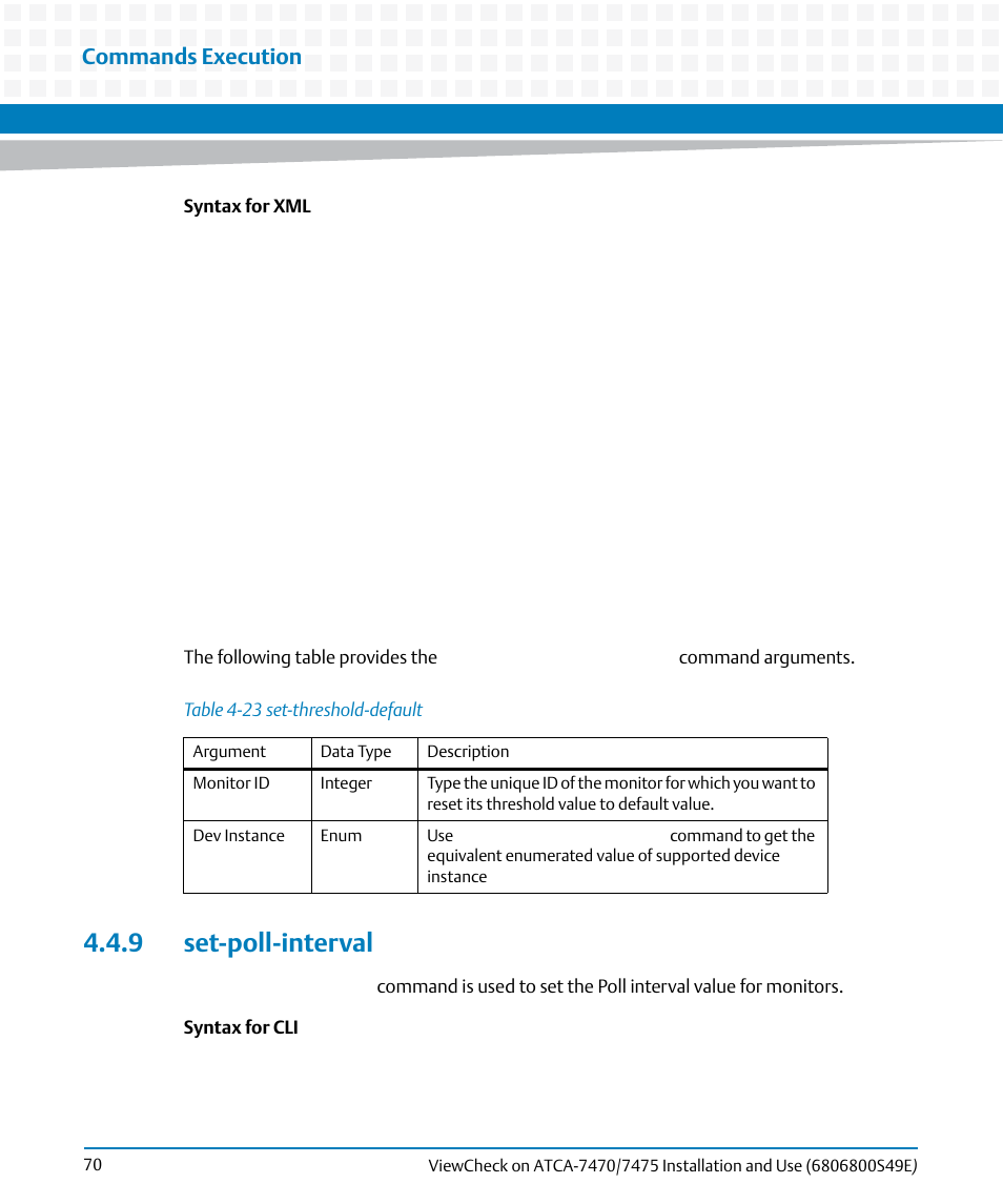 9 set-poll-interval, Table 4-23, Set-threshold-default | Commands execution | Artesyn ViewCheck on ATCA-7470/7475 Installation and Use (November 2014) User Manual | Page 70 / 88